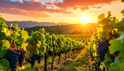 Fototapeta premium Vineyard at sunset. Lush rows of grapevines stretch towards the horizon as the sun sets behind the rolling hills