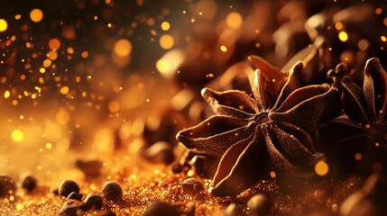 A Glimmering Array of Spices and Aromatics: A Close-Up on Star Anise, Glittering Dust, and the Rich Textures of a Culinary Delight