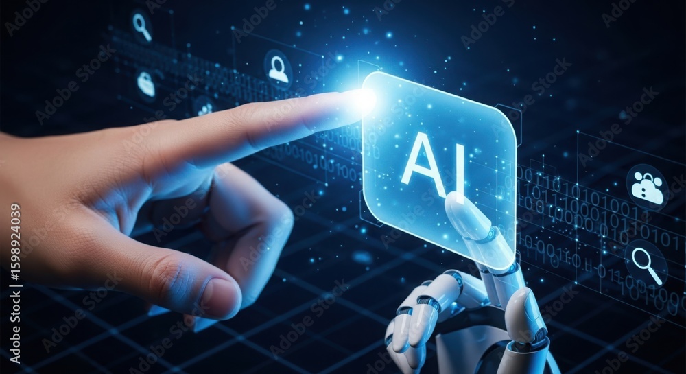 Poster human finger touching a glowing ai interface with a robotic hand assisting in a futuristic digital n