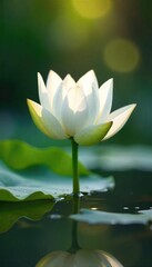 Close-up of a pristine white lotus flower emerging from calm water, petals unfurling in soft sunlight Peaceful, serene, and symbolic of purity and enlightenment , bloom, flower