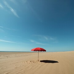 Lone red beach umbrella on empty golden sand - minimalist coastal solitude and tranquility
