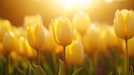 Obraz premium A Stunning Display of Vibrant Yellow Tulips Illuminated by Golden Sunlight in a Serene Floral Landscape, Capturing the Essence of Spring and Renewal