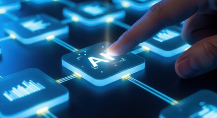 Close up of a human finger pressing a glowing blue button labeled ai on a futuristic digital network interface