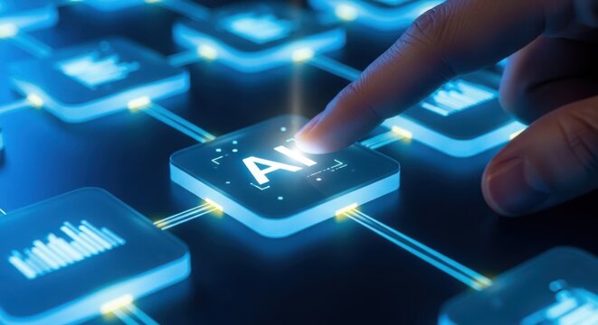 Close up of a human finger pressing a glowing blue button labeled ai on a futuristic digital network interface