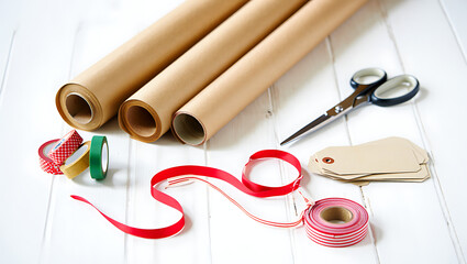 A collection of gift wrapping supplies, including rolls of kraft paper, colorful ribbons, tape, scissors, and gift tags, are neatly arranged on a white wooden surface