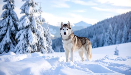 Naklejka premium Husky in snowy mountains