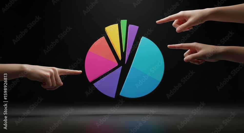 Poster multiple hands point towards a vibrant colorful pie chart floating in front of a