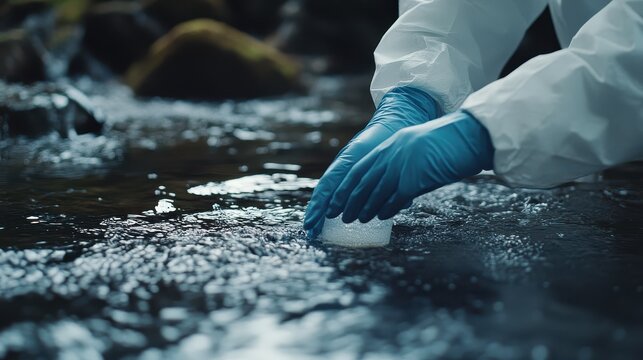 Close-up of a scientist's hand in a protective white coat and blue gloves, taking water samples from a river or lake for a factory waste photocall
