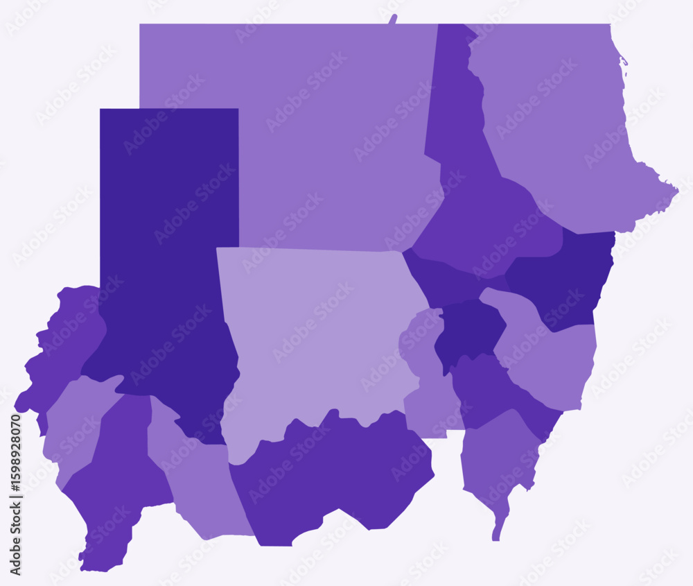 Poster map of sudan with regions. just a simple country border map with region division. deep purple color 