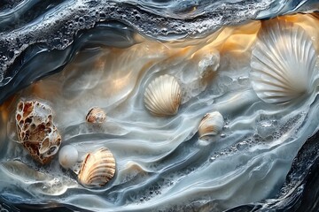 Nature's Waves Meet at the Shoreline, Coastal Beauty, Tranquil Environment, Aerial View