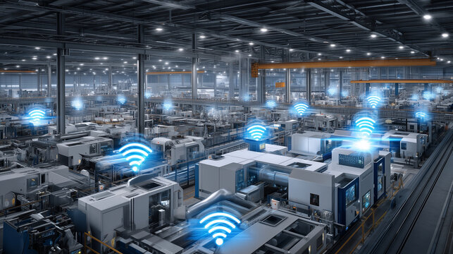 A futuristic smart factory where IoT sensors monitor machine health in real-time, and predictive maintenance is visualized through dynamic dashboards powered by AI industrial inter