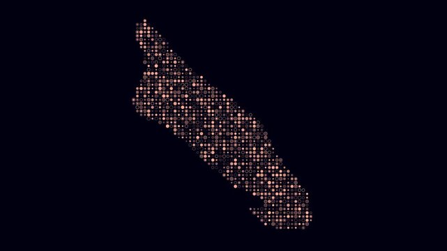 Aruba dotted animation. Shape of the country build of pulsating colored dots. Small size circle blocks. Digital style map on dark background. Simple video.