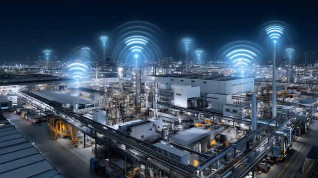 A realistic Industry 4.0 manufacturing scenario #8 featuring IoT-connected devices, smart machines, and advanced communication technologies (like 5G/6G) enabling intelligent automa