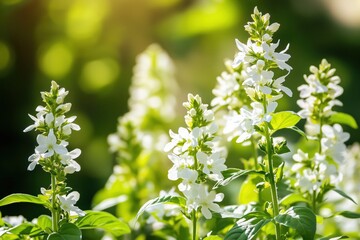 Fototapeta premium A Lush Bloom of Delicate White Flowers Surrounded by Vibrant Green Foliage in a Sunlit Garden Setting Captures the Beauty of Nature's Seasonal Splendor