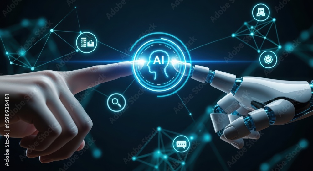 Poster human and robot fingers touching on a glowing ai brain icon symbolizing artificial intelligence and 