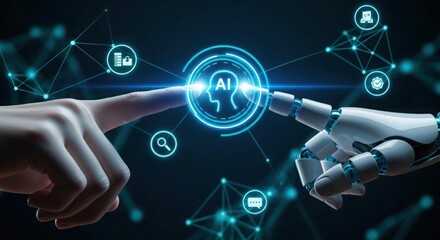 Human and robot fingers touching on a glowing ai brain icon symbolizing artificial intelligence and future technology collaboration