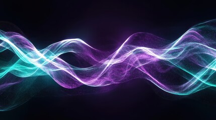 Digital Waves: A flowing wave pattern that resembles sound waves or data streams, rendered in gradients of deep purple and teal. The texture could include soft glows and pixelated elements.