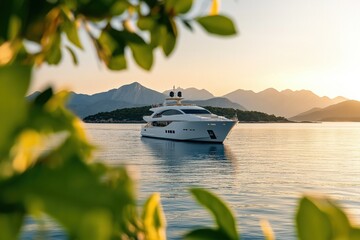 A Luxurious Yacht Anchored Serene on Tranquil Waters, Framed by Lush Greenery and Majestic Mountains in the Background During Stunning Sunset