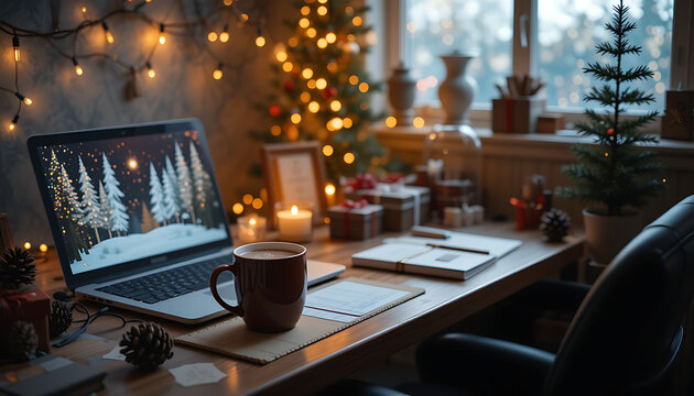 A cozy christmas scene with a laptop displaying a snowy forest, a warm mug of coffee, and festive decorations including a christmas tree and twinkling lights - Powered by Adobe