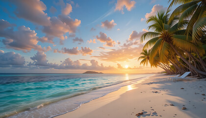Fototapeta premium A breathtaking tropical beach at sunset, with calm turquoise waves gently lapping the shore, palm trees casting long shadows on the golden sand, and a vibrant sky filled with colorful clouds