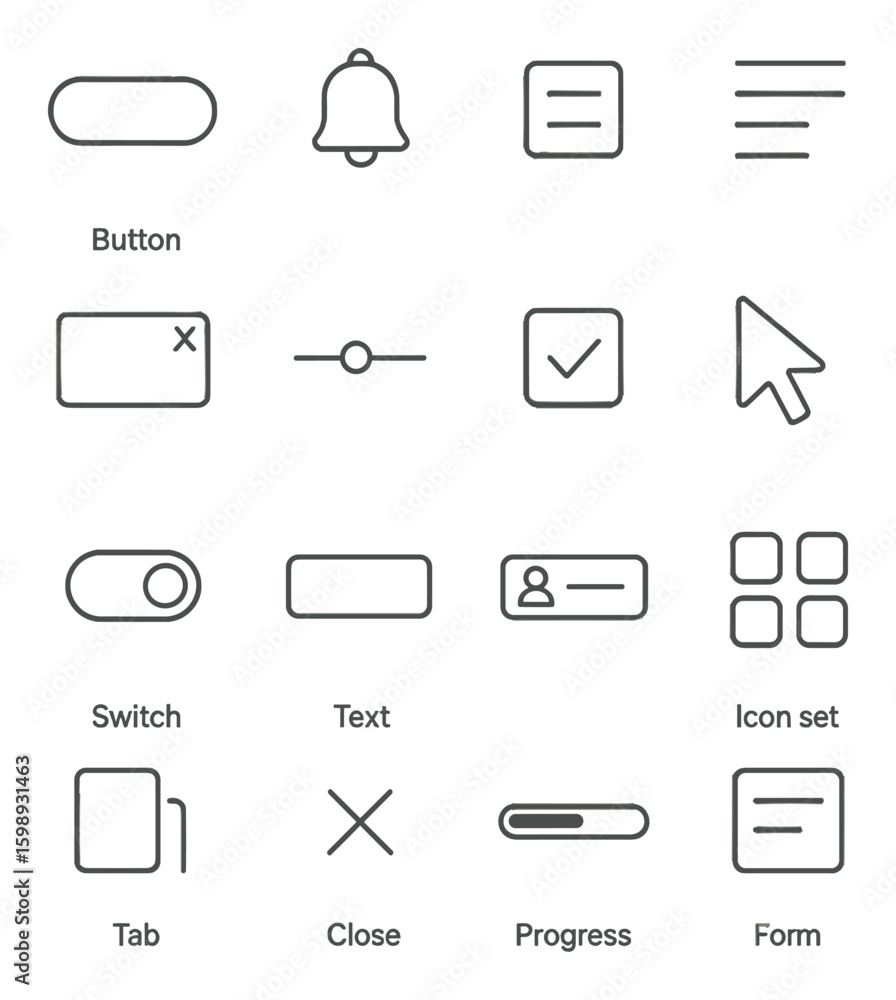 Poster ui linear icon set. containing button, bell, text, switch, checkbox, cursor, tab, close, progress, f