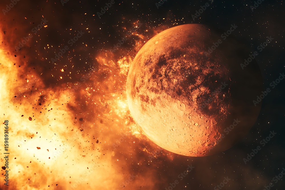 Poster fiery planet collision in space with blazing explosion and debris