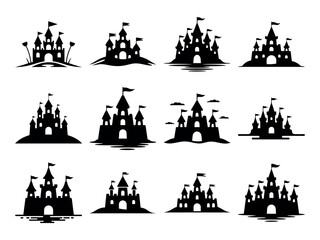 Black castle silhouettes with flags and water reflections