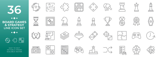 Board games and strategy line icon set vector illustration featuring a collection of outline icons for card games, chess, dice, puzzles, board game elements, and gaming concepts.