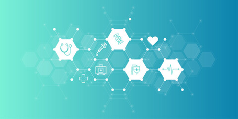 Modern medical hexagon icon background vector illustration featuring healthcare symbols like DNA, heart, and stethoscope with honeycomb pattern, ideal for science and technology designs.