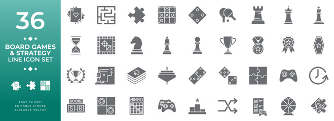 Board games and strategy solid icon set vector illustration featuring glyph icons for chess, dice, puzzles, card games, trophies, and diverse gaming concepts with scalable vector graphic design.