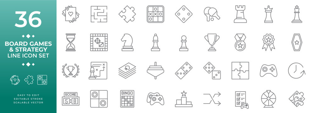 Board games and strategy line icon set vector illustration featuring a collection of outline icons for card games, chess, dice, puzzles, board game elements, and gaming concepts.