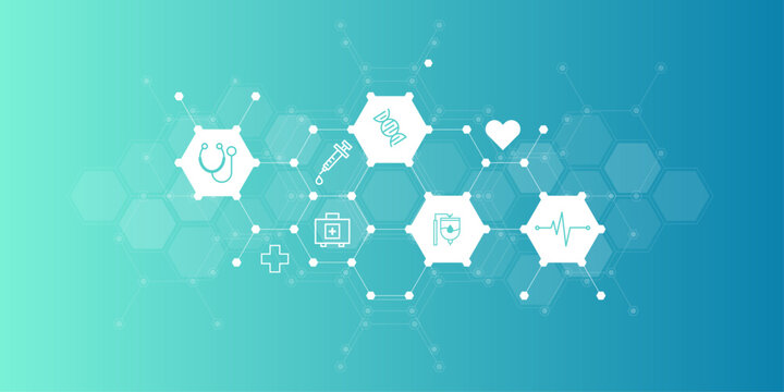 Modern medical hexagon icon background vector illustration featuring healthcare symbols like DNA, heart, and stethoscope with honeycomb pattern, ideal for science and technology designs.