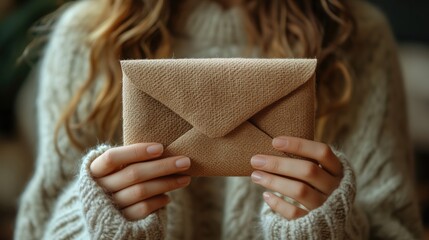 A Cozy Moment: A Person Holding a Soft, Textured Beige Envelope in a Warm, Inviting Setting, Perfect for Sending Heartfelt Messages