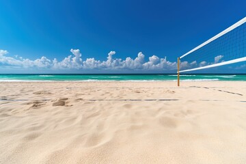A Serene Beach Volleyball Court with Golden Sand Under a Clear Blue Sky and Lush Waves, Perfect for a Day of Fun and Competition By the Sea