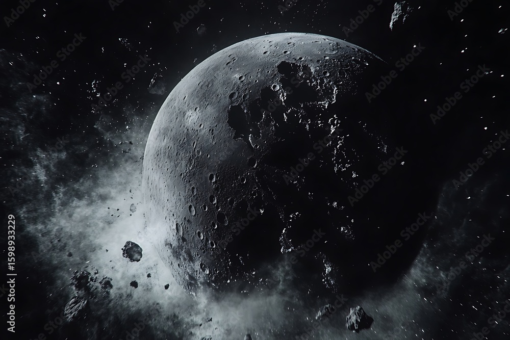 Poster exploring distant planet with craters and asteroids in dark space