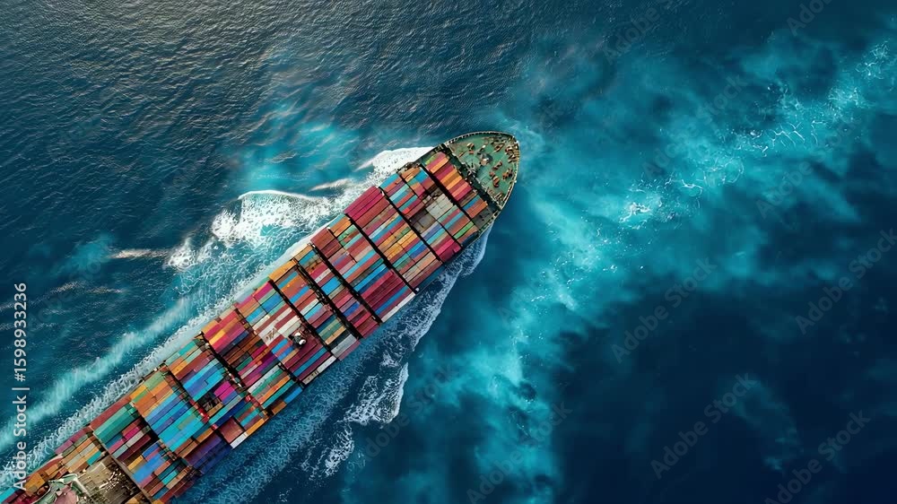 Poster an aerial view captures a massive container ship surrounded by endless ocean with neatly arranged co