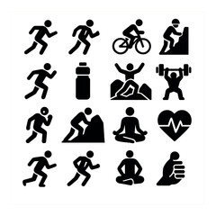 Fitness silhouette icon set. featuring running, cycling, climbing, yoga, weightlifting, and more.