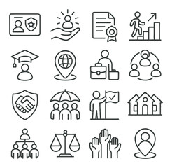 Fototapeta premium Business linear icon set. containing id, employee, certificate, growth, graduate, network, teamwork, balance, and more.
