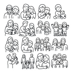 Family linear icons set. includes parents, children, siblings, grandparents, infants, and more.