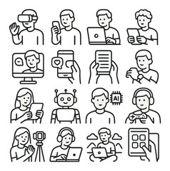 Technology linear icon set: vr, smartphone, laptop, tablet, video chat, ai, gaming, remote work