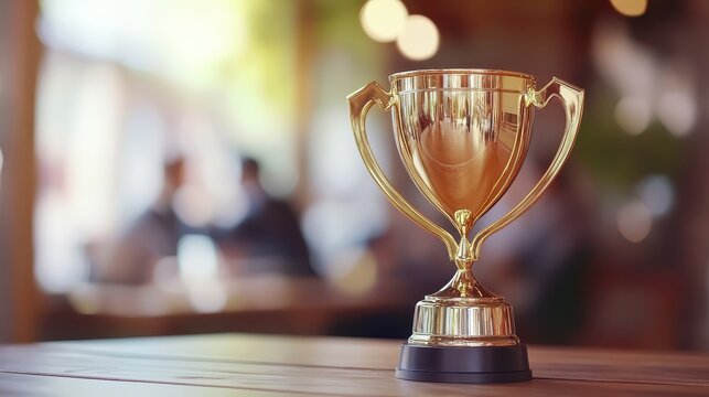 Golden trophy cup on a wooden table with a team of business people working in the background, a blurred office interior for a copy space banner and text stock photo contest winner concept.