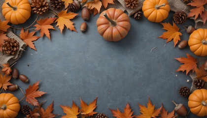Obraz premium A rustic autumn border featuring vibrant orange pumpkins, fallen leaves, acorns, and pine cones arranged on a dark grey slate surface