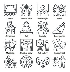 Fototapeta premium Entertainment linear icon set: theater, dance, movie night, band, comedian, dj, karaoke, games