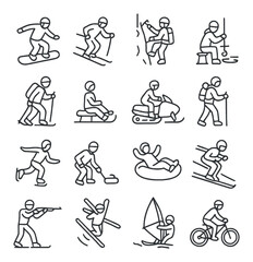 Winter sports linear icon set. featuring skiing, snowboarding, ice climbing, snowshoeing, sledding, and more.