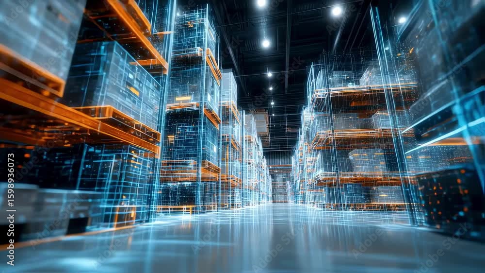 Poster futuristic warehouse utilizing advanced technology, featuring glowing outlines of storage racks and 