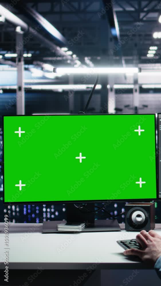 Aufkleber vertical video server room technician using ai on green screen pc to review diagnostics. it worker i