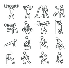 Workout linear icon set: weightlifting, jump rope, dumbbells, pull-up, push-up, box jump, medicine ball