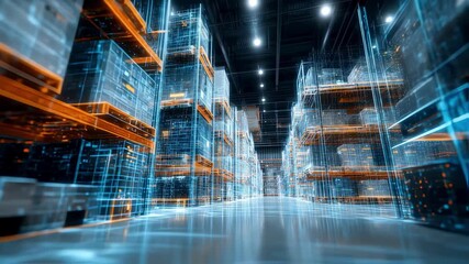 Futuristic warehouse utilizing advanced technology, featuring glowing outlines of storage racks and boxes, symbolizing innovative inventory management and logistics optimization through ai - Powered by Adobe