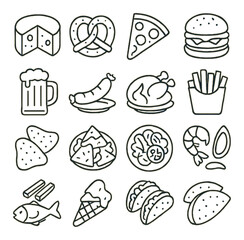 Food linear icon set. containing cheese, pretzel, pizza, burger, beer, sausage, chicken, fries, chips, nachos.