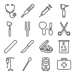 Fototapeta premium Medical linear icon set. containing stethoscope, thermometer, syringe, otoscope, scalpel, pill box, and more.